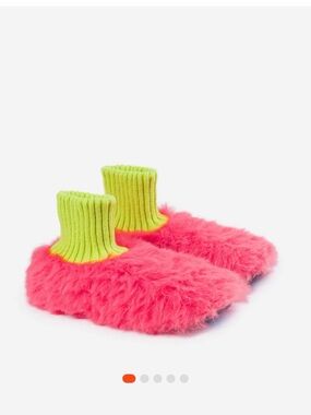 Faux Fur Cozy Slippers with Knit Cuff - Pink & Neon Green